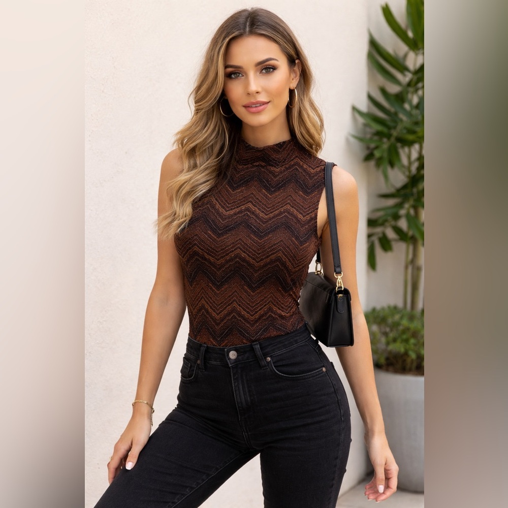 JKLA | Vintage Sleeveless Chevron Knit Top in Brown and Black